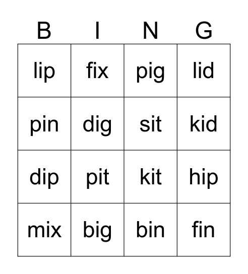 Short i bingo Card