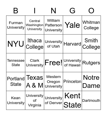 Out-of-State College Bingo Card