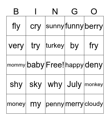 Y as Long I or Long E Bingo Card