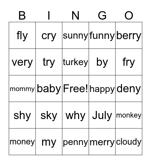 Y as Long I or Long E Bingo Card