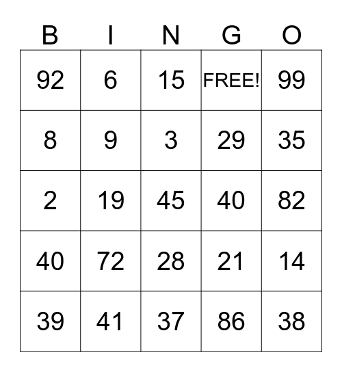 Los Números 0 -100 Bingo Card