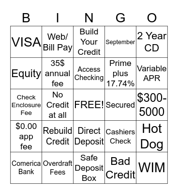 Secured Credit Card Bingo Card
