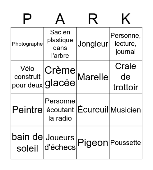 Jour dans le parc Bingo Card