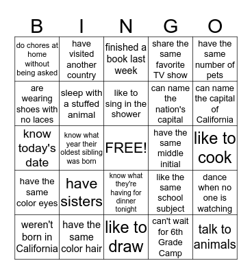 Buddies Bingo! Find A Pair of Buddies Who Both... Bingo Card
