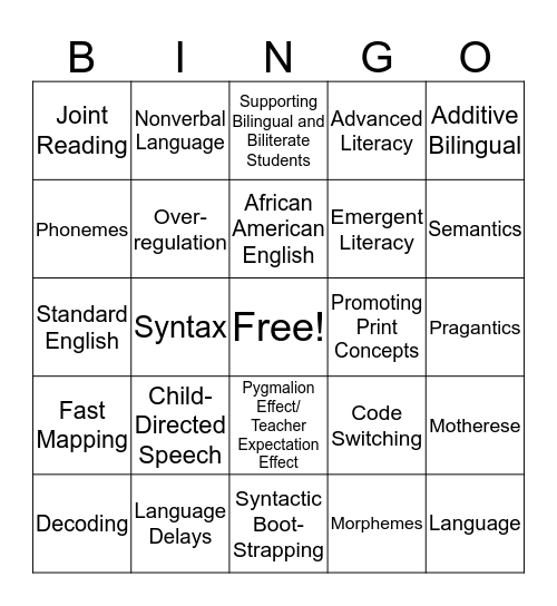 Language and Literacy  Bingo Card