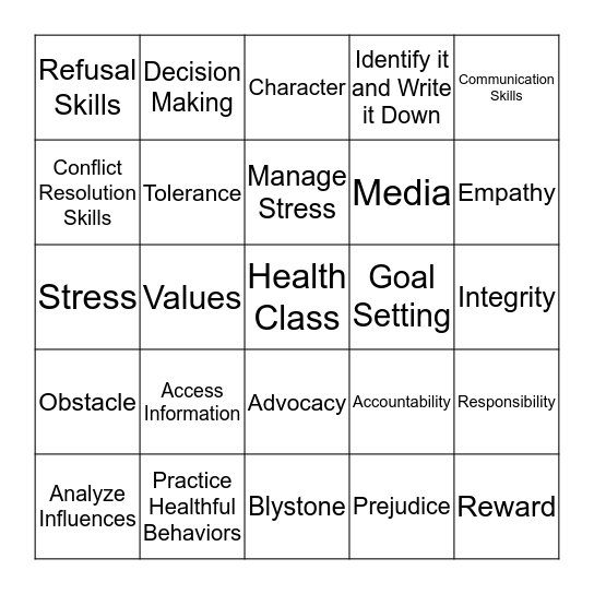 Health Skills Bingo Card