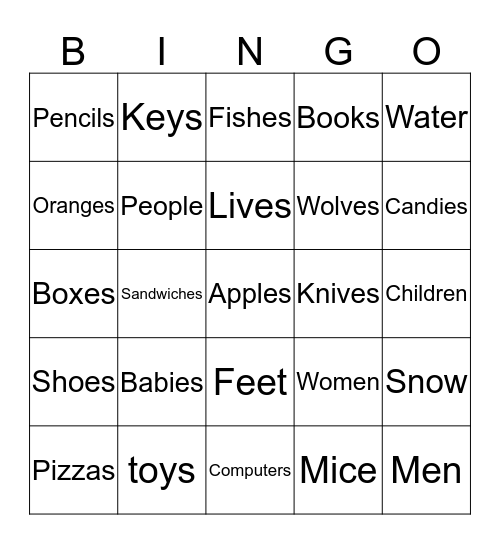 Plural Nouns Bingo Card