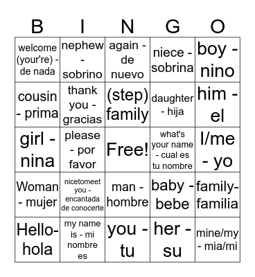Greetings/Family Bingo Card