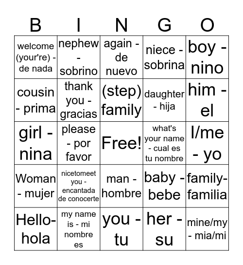 Greetings/Family Bingo Card