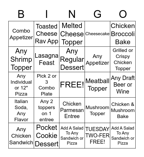 Two For Tuesday BINGO Card