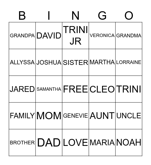 Family Bingo Card