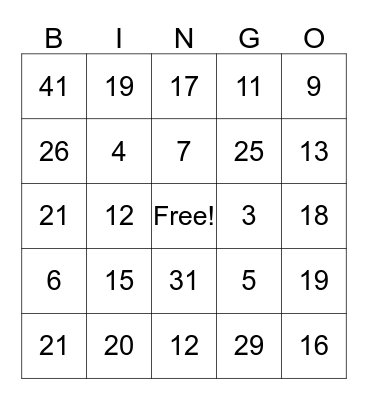 Multiplication Bingo Card