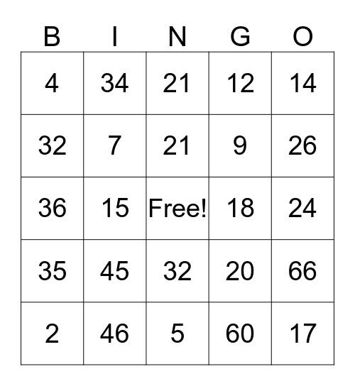 Multiplication Bingo Card