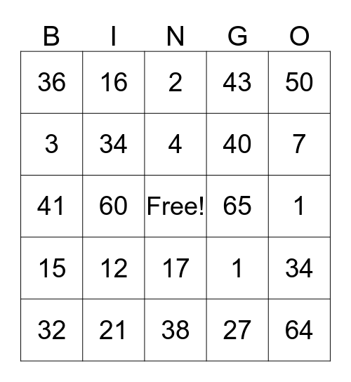 Multiplication Bingo Card