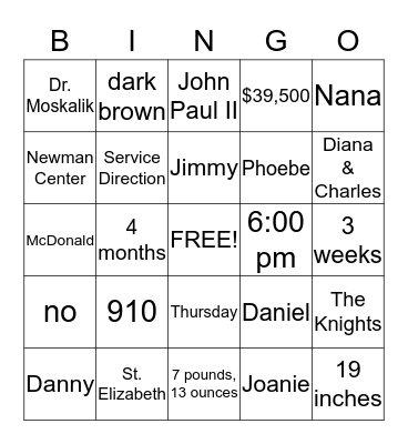 Justin's Birthday Bingo Card