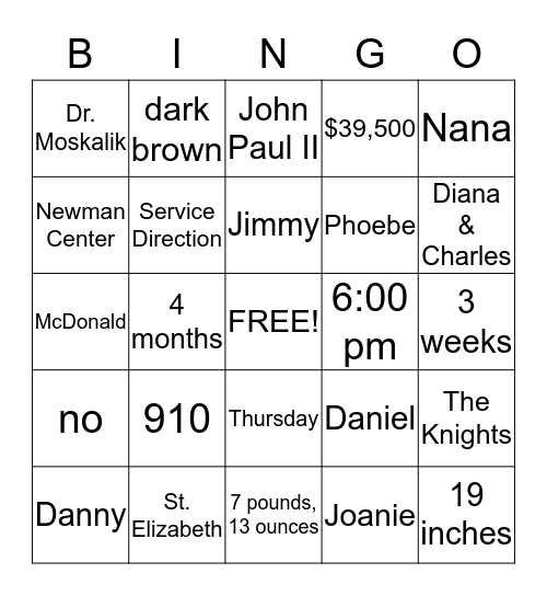 Justin's Birthday Bingo Card