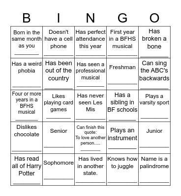 Les Mis Cast Bingo Card