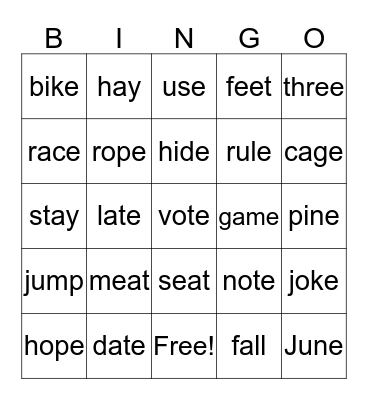 SNEAKY E  Bingo Card