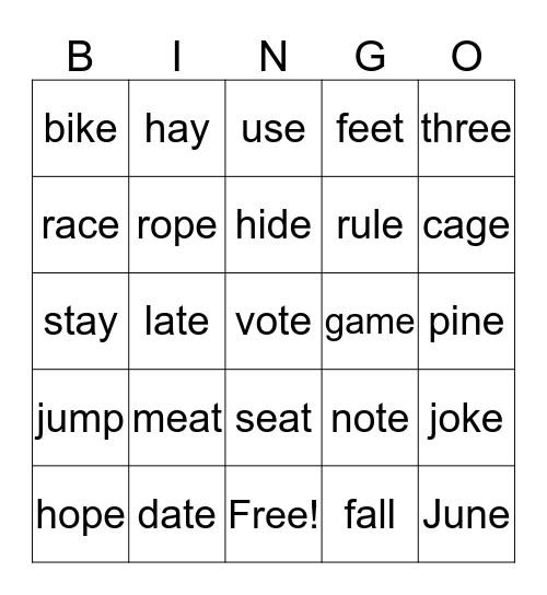 SNEAKY E  Bingo Card