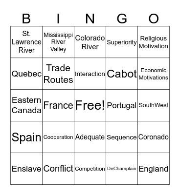 Exploration Bingo Card