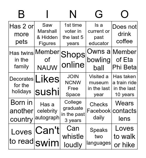 Cleveland Section NCNW Membership Social Bingo Card