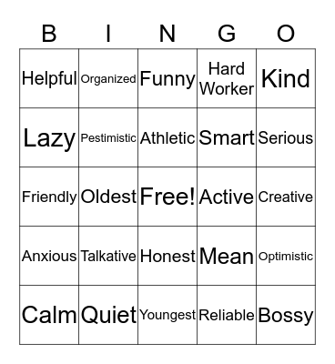 Adjectives  Bingo Card