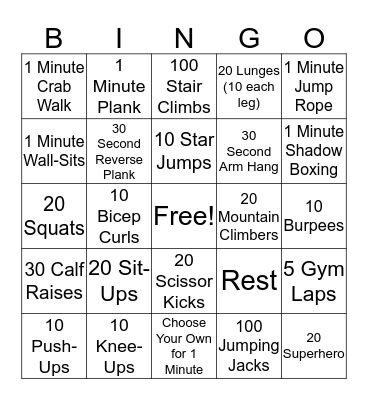 Fitness Bingo Card