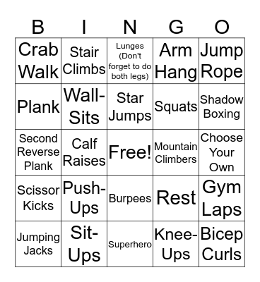 Fitness Bingo Card