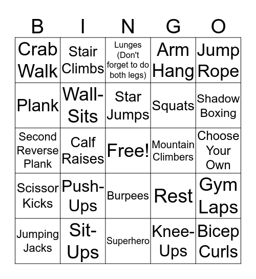 Fitness Bingo Card