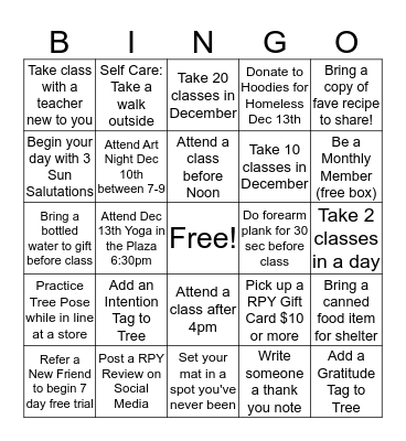 Yuletide Yoga Bingo Card