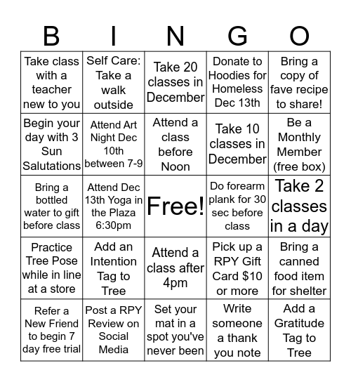 Yuletide Yoga Bingo Card