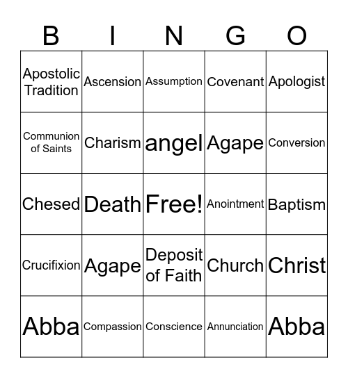 Spiritual Life Vocab Bingo Card