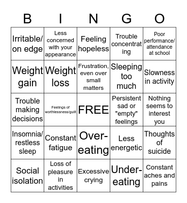 Symptoms of Depression Bingo Card