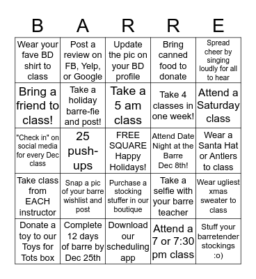 Barre Defined Holiday Bingo Challenge Bingo Card