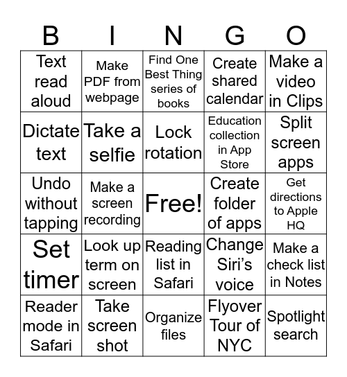 iPad Skillz Bingo Card