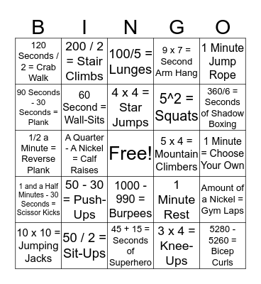 Math Fitness Bingo Card