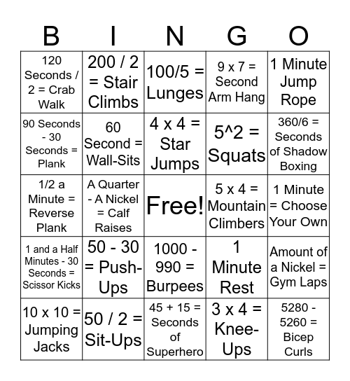 Math Fitness Bingo Card