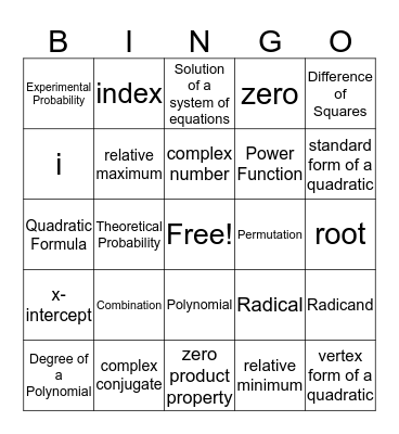 Algebra 2 Bingo Card