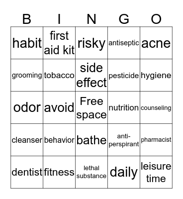 Personal Care Words Bingo Card