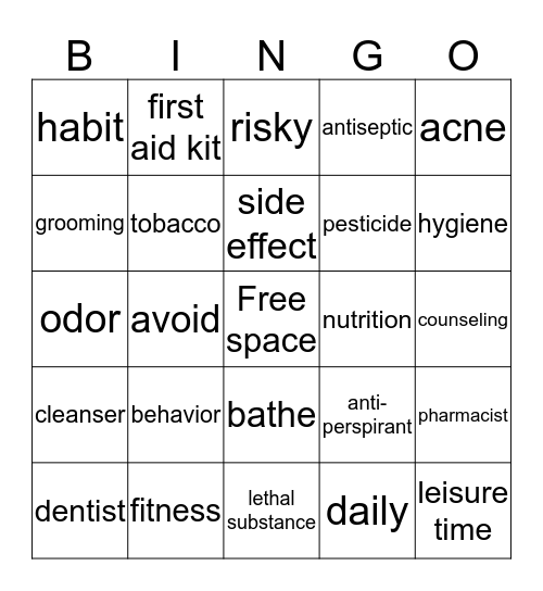 Personal Care Words Bingo Card