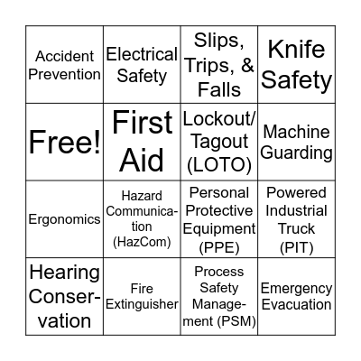 SAFETY BINGO Card