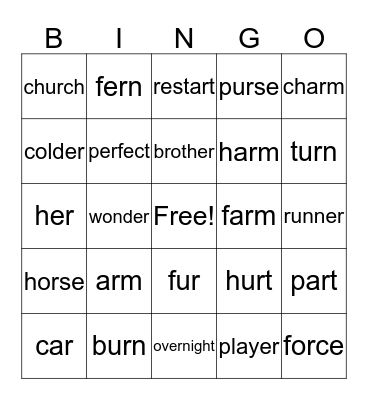 R controlled vowels Bingo Card