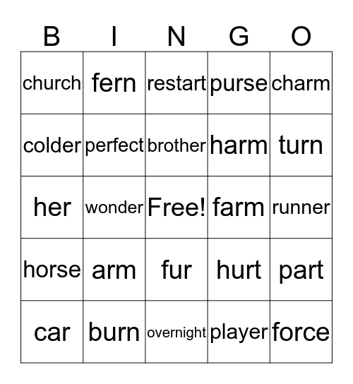 R controlled vowels Bingo Card