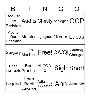 SIV Visit Bingo Card