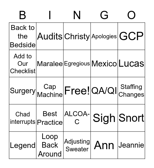 SIV Visit Bingo Card