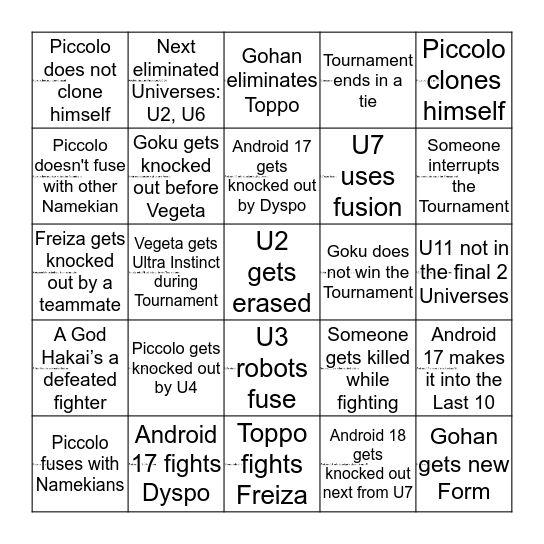 Tournament of Power Bingo Card