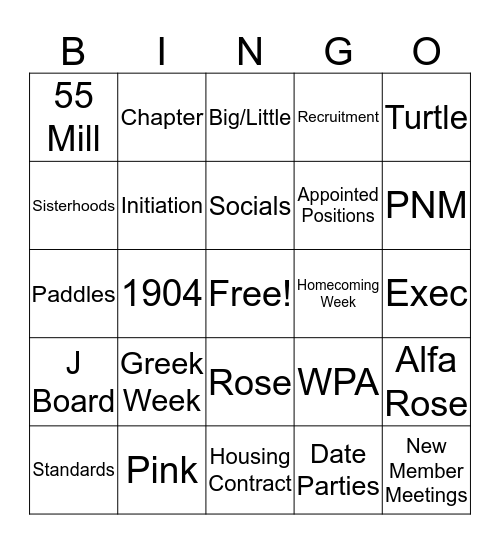 Delta Zeta Bingo Card