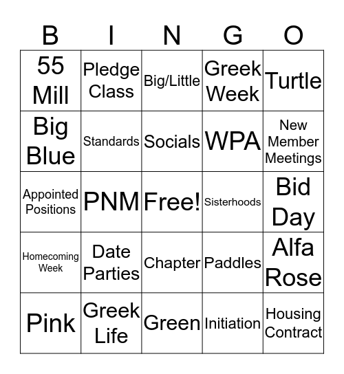 Delta Zeta Bingo Card