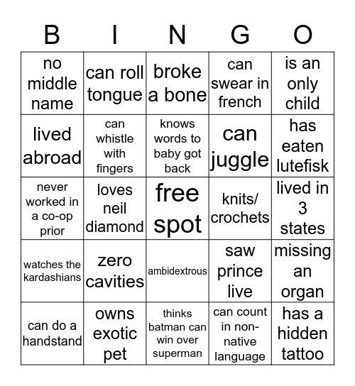 small talk stimulation Bingo Card