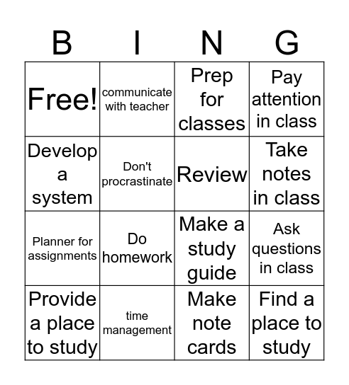 Study Skills Bingo Card